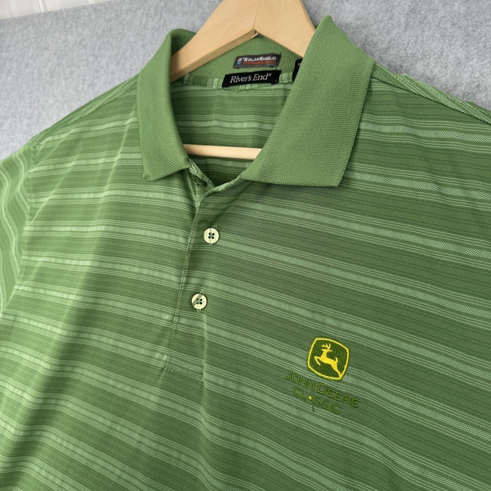 Rivers End Polo Shirt Mens L Green John Deere Classic Striped Performance Golf